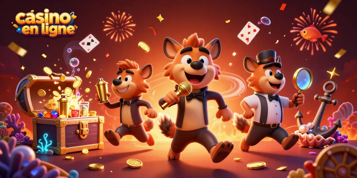 Le casino en ligne réunit des hyènes animées, un stand-up comique, un barman et un videur dans une scène festive.