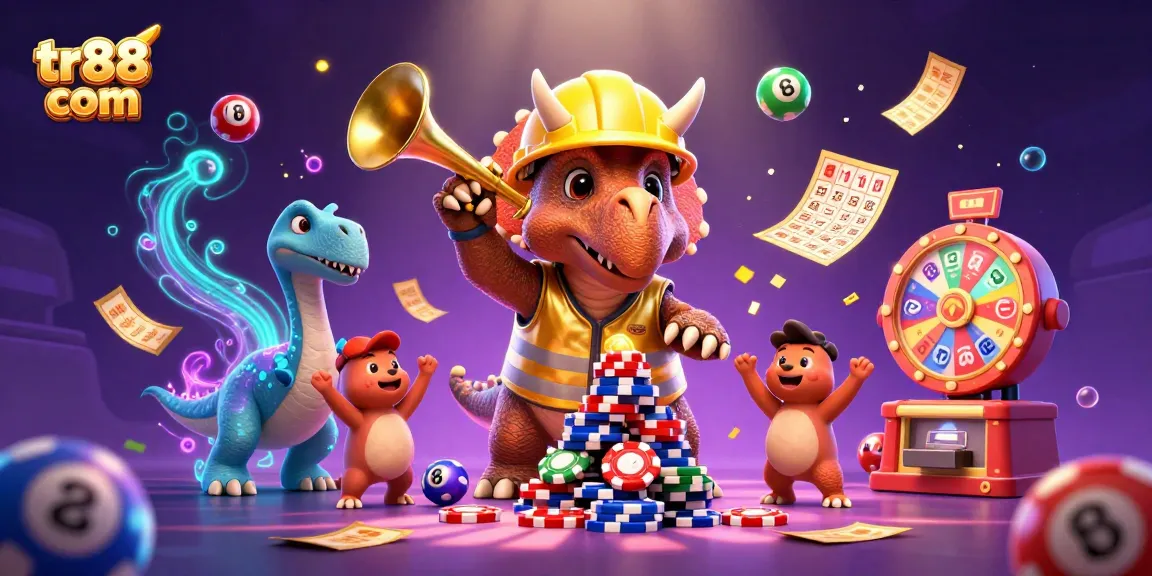 Engage with tr88 com in a vibrant casino scene featuring a celebrating dinosaur and dynamic game elements.