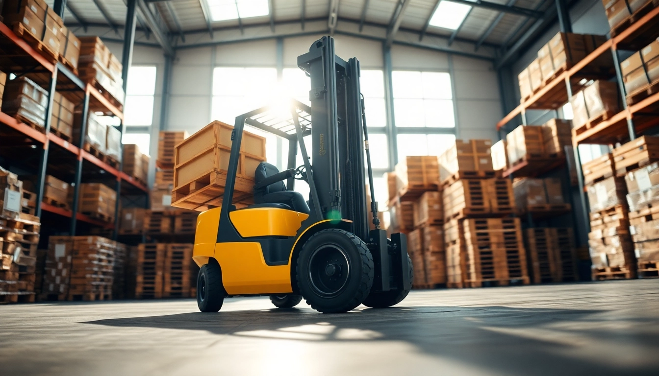 Efficient forklift lifting pallets in a busy warehouse, illustrating operational excellence.