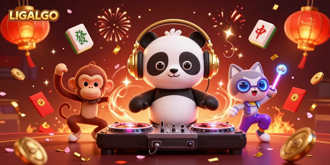 LIGALGO's vibrant casino scene showcases a DJ panda, dancing monkey, and rave kitten amidst gaming elements.