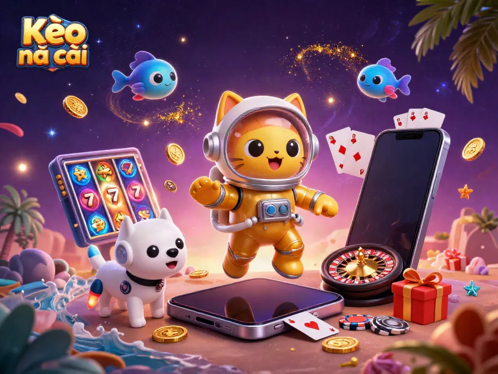 Experience the thrill of Kèo nhà cái with a space cat and robotic dog in a vibrant casino universe