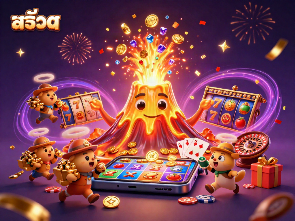 Engage in thrilling สล็อต action as a volcano erupts with treasures in this vibrant 3D illustration.