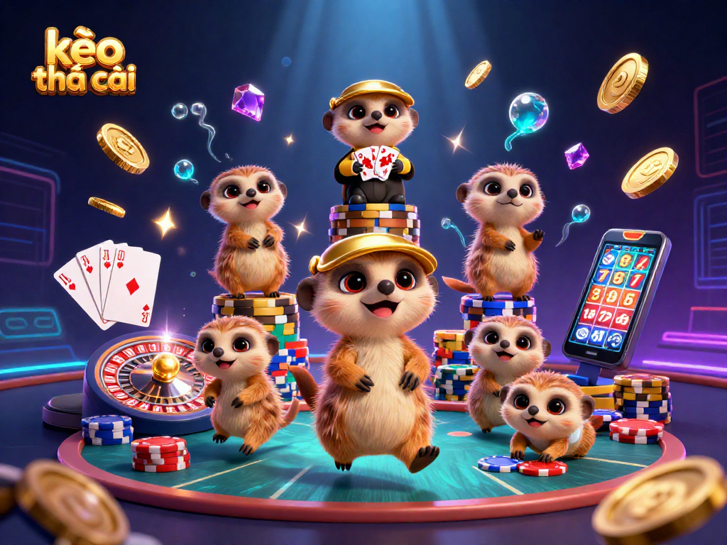 Engage with kèo nhà cái in this vibrant 3D illustration showcasing a lively meerkat casino operation.
