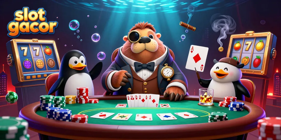 Experience slot gacor excitement with a walrus and dealer in a vibrant underwater poker scene.