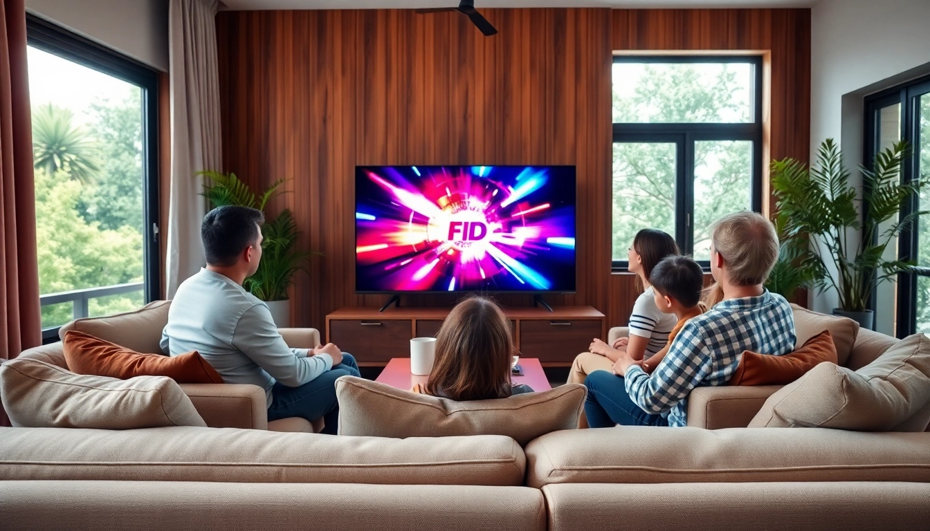 Enjoying an IPTV Trial with family in a modern living room, highlighting a vibrant TV screen.