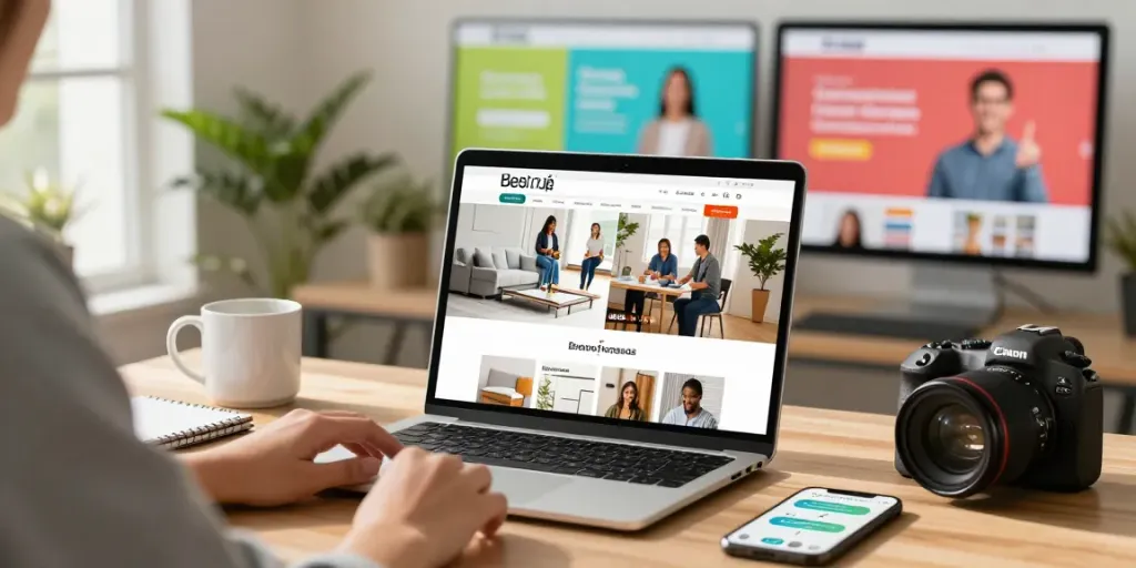 Shopsmart shoppers engaging with a modern online store showcasing sustainable products in a bright workspace.