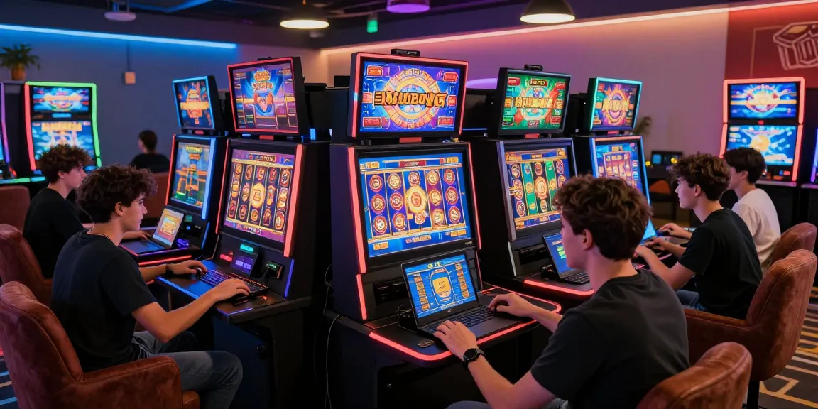 Exciting gaming scene featuring players engaged in online slot games on a situs gacor platform, vibrant graphics lighting up their screens.