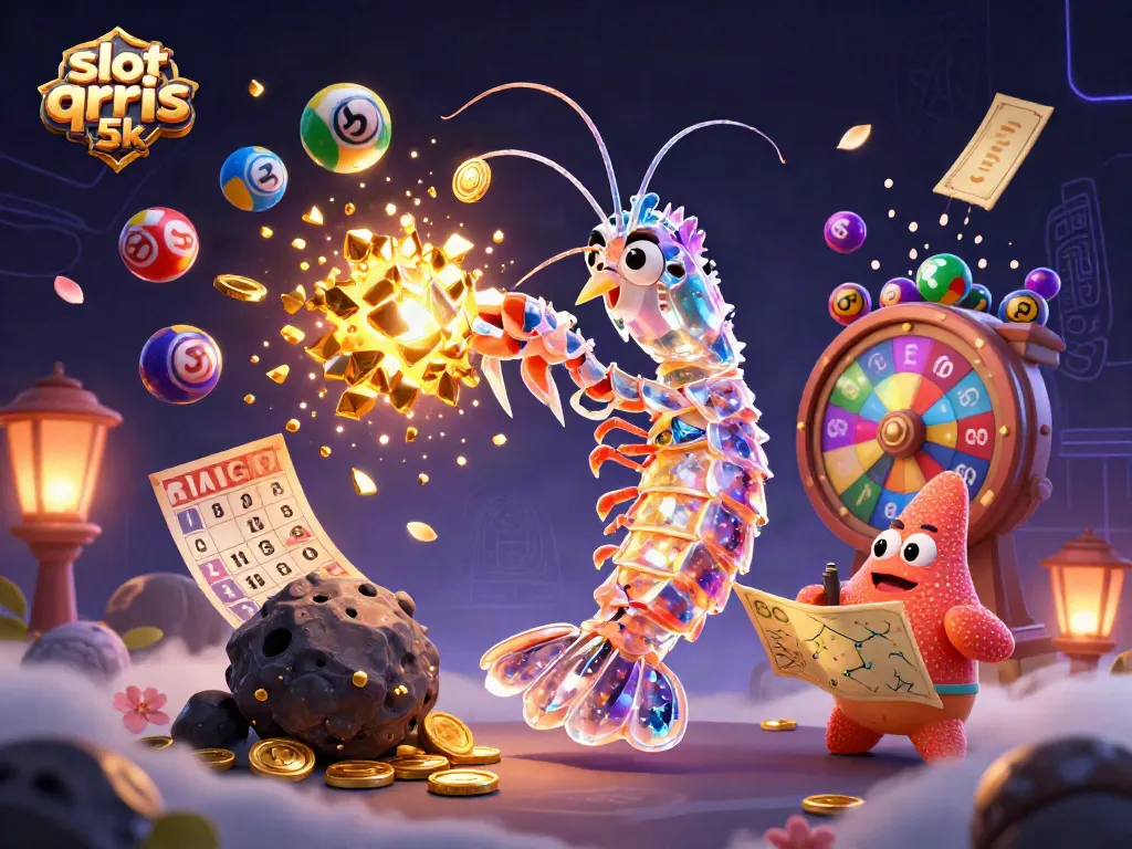 Engage with slot qris 5k in this dynamic scene featuring a galactic samurai mantis shrimp amidst vibrant casino elements.