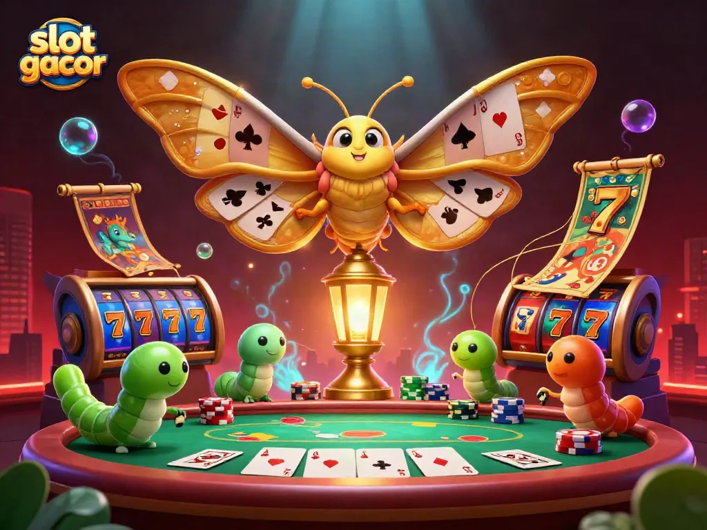 Win big with slot gacor at our vibrant casino, featuring stunning golden moth illustrations.