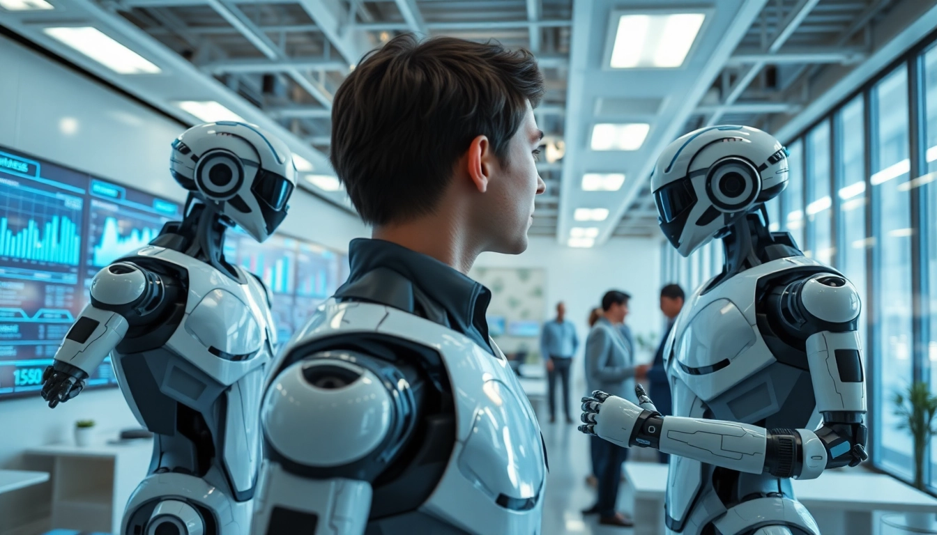 AI Bots collaborating in a high-tech workspace with bright lighting and modern design.