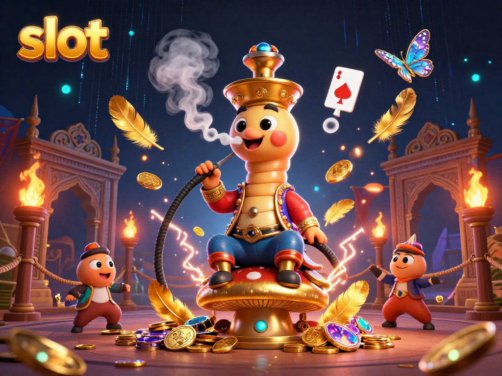 Engaging slot game scene with a caterpillar master, poker symbols, and vibrant casino elements.