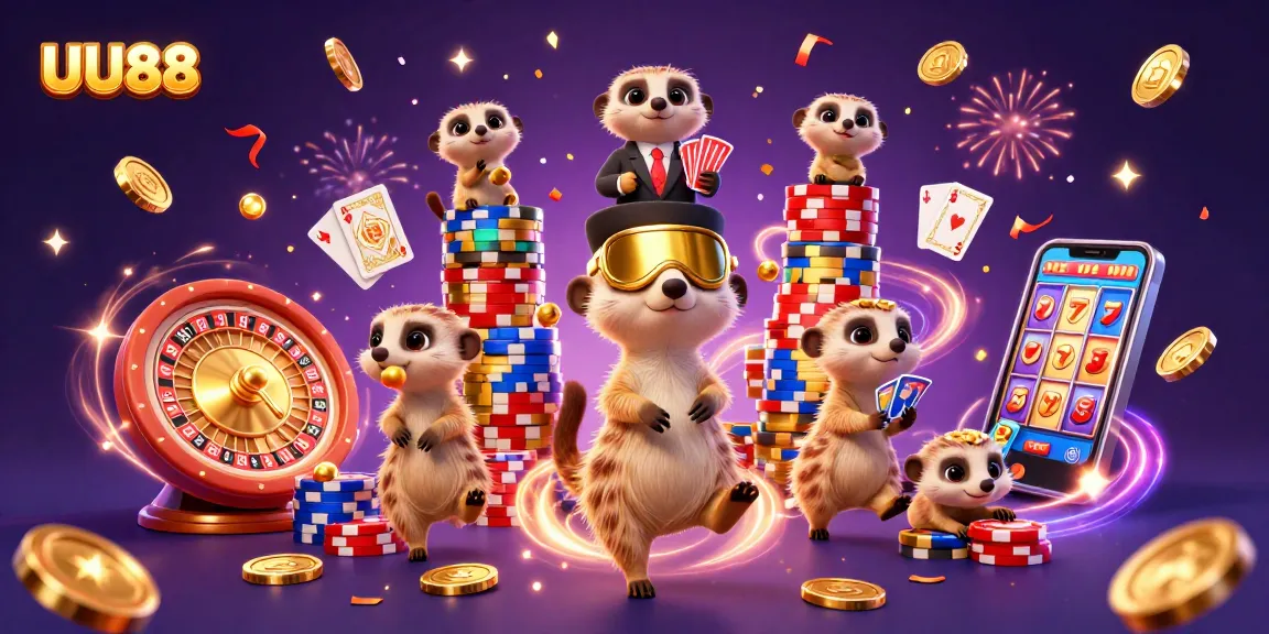 Engage in thrilling gameplay at UU88 with lively meerkats orchestrating a vibrant casino scene.