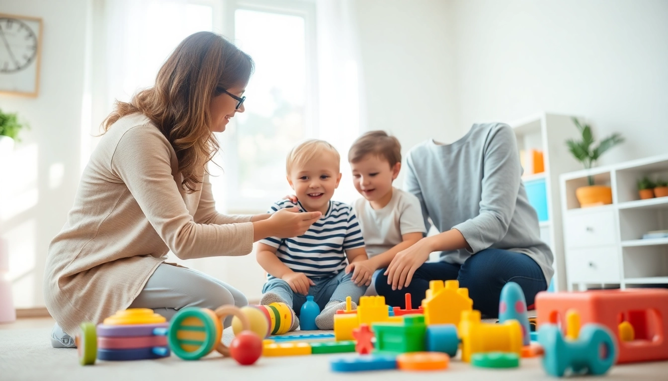 ABA services with a professional therapist interacting with a child in a vibrant therapy setting.