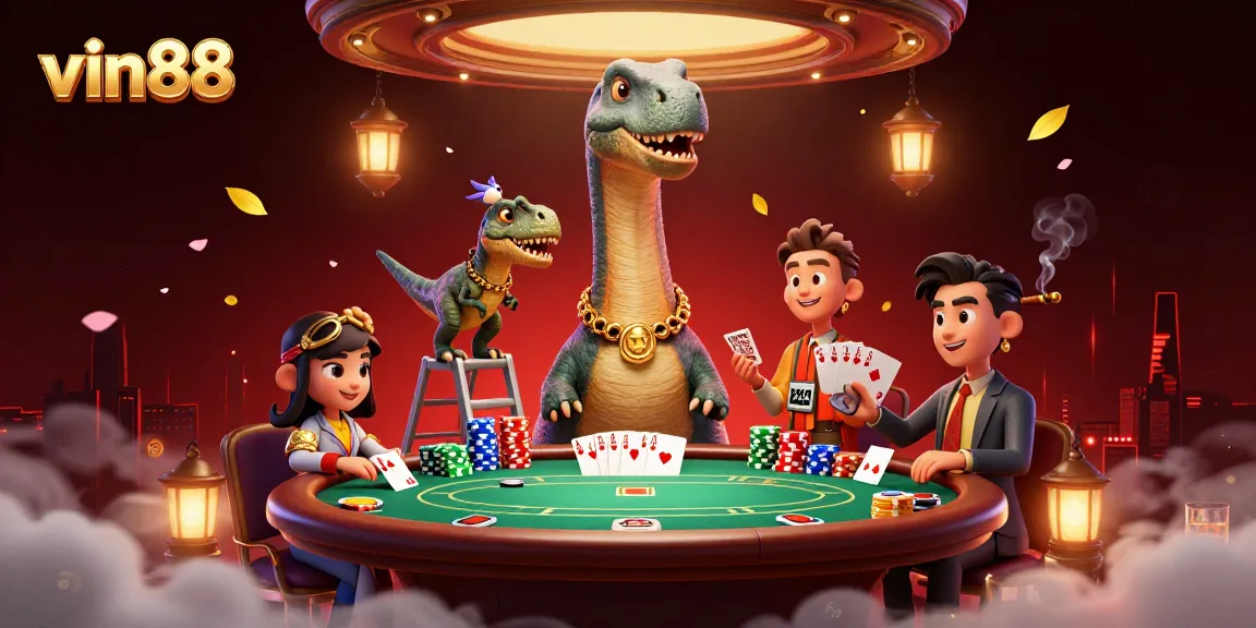 Experience the thrill of vin88 at a vibrant casino scene with dinosaurs and poker tables.