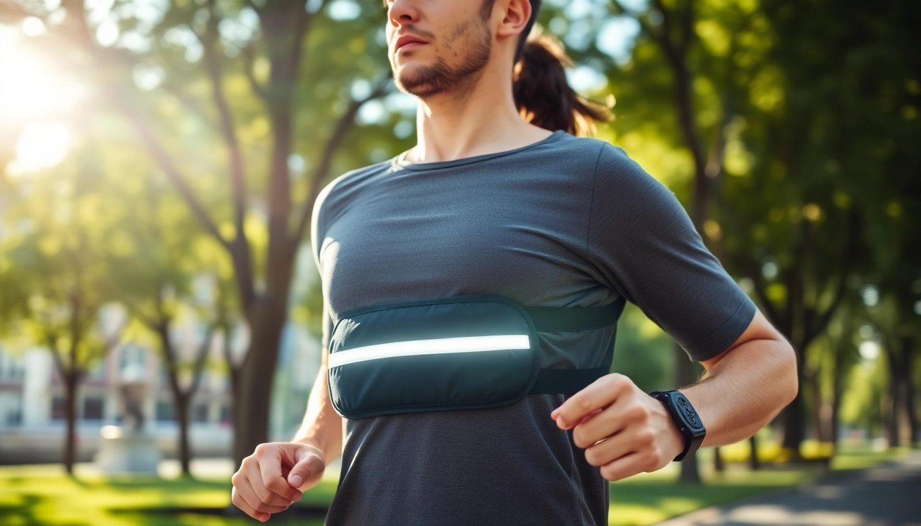 Engaged runner showcasing a running belt UK in an urban park, highlighting its reflective features.