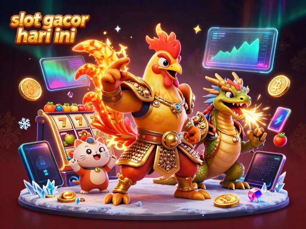 Slot gacor hari ini dengan ilustrasi karakter ayam petarung 3D dan naga, dikelilingi simbol slot dan koin kripto.