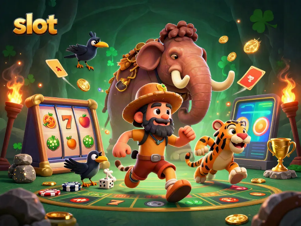 Engage with the excitement of slots in a vibrant prehistoric casino scene.