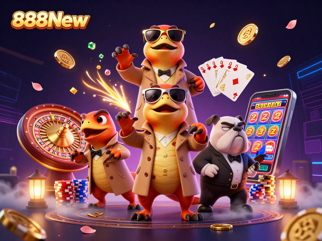 Experience the excitement of 888New through a vivid scene with raptors in a casino setting.