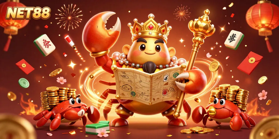 NET88 offers an intriguing treasure hunt theme with a golden crab emperor in a vibrant casino scene.