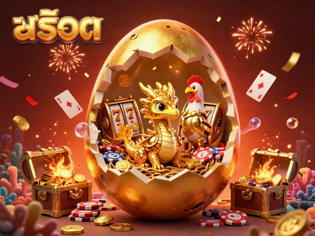 Experience thrilling สล็อต gameplay with a massive golden egg revealing a dragon in a vibrant casino setting.