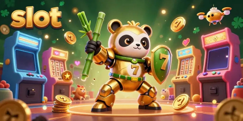 Menggulung slot dengan panda emas di robot bertarung yang dikelilingi mesin permainan.