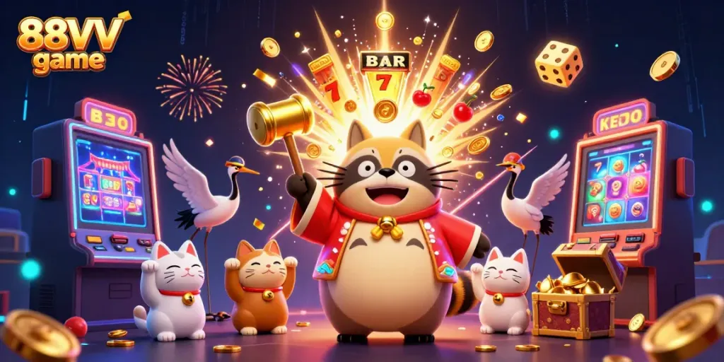 Experience the thrilling 88VV game with a cheerful tanuki, celebrating jackpots in a colorful online casino world.