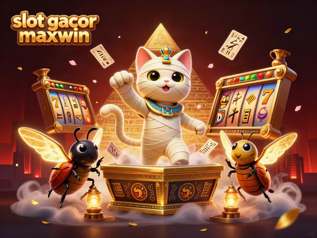 Engage with slot gacor maxwin as a cartoon mummy cat explores a vibrant pyramid casino.