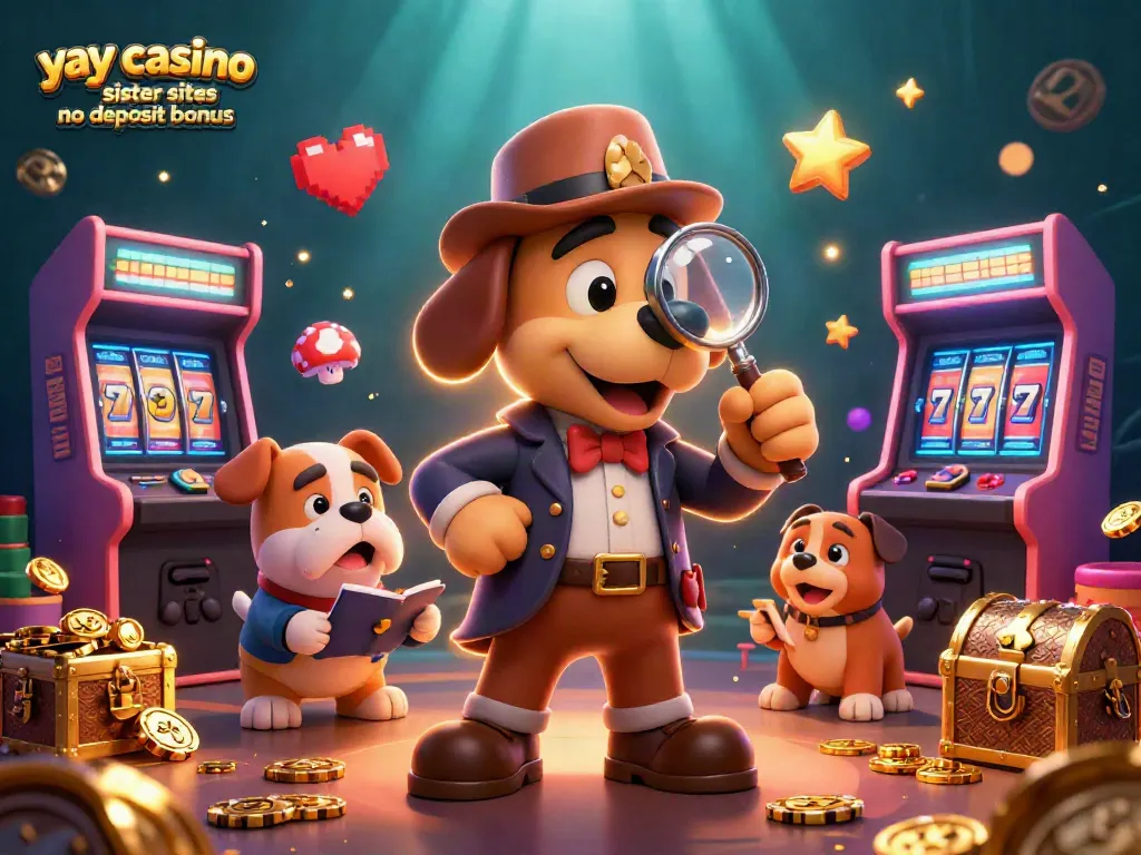 Engage with yay casino sister sites no deposit bonus using a cartoon detective uncovering casino treasures.