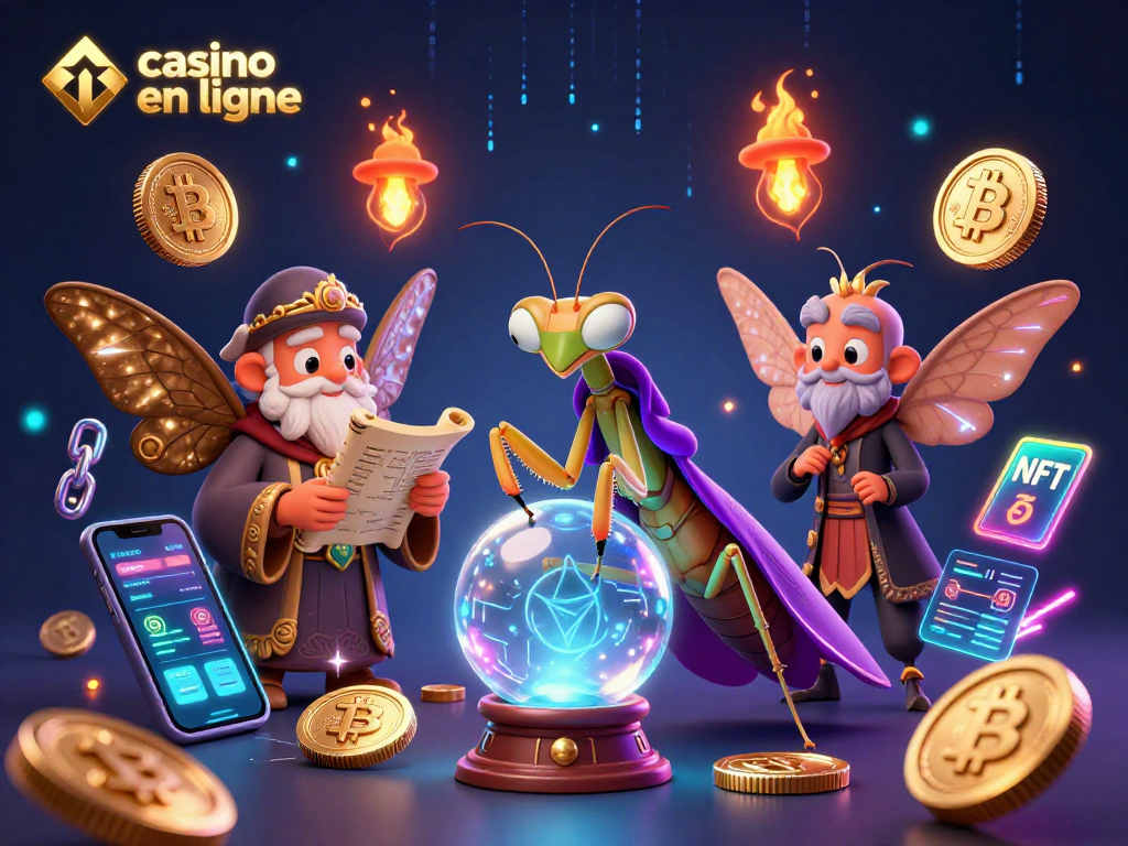 Découvrez les jeux de casino en ligne avec une mante religieuse cartomancienne et des éléments crypto illuminés.