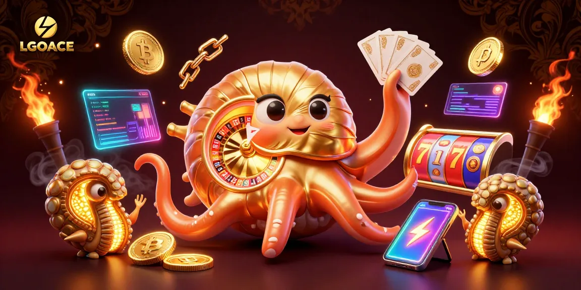 LGOACE showcases a vibrant 3D casino scene with a nautilus roulette wheel and glowing NFTs.