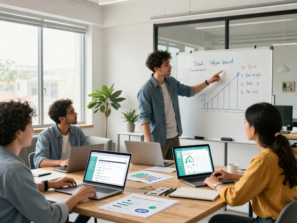 Purchase app installs strategy meeting in a bright office with a diverse team analyzing growth metrics.