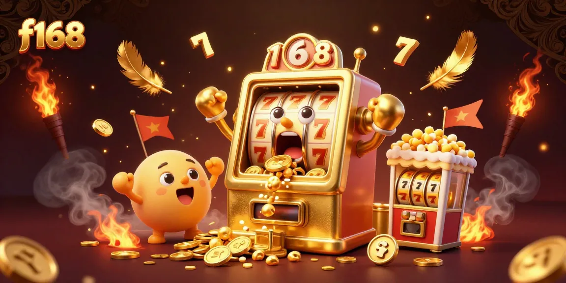 Play f168 with a golden slot machine celebrating its jackpot, surrounded by cheering characters and a vibrant casino atmosphere.