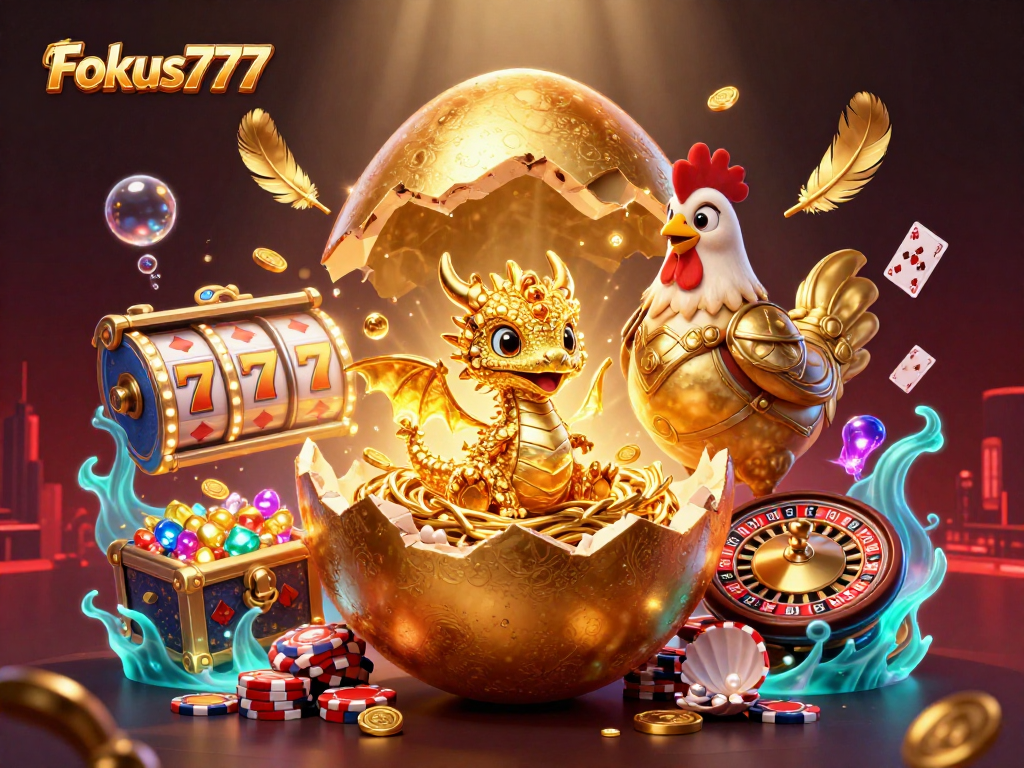 Experience sensational wins with Fokus777's vibrant 3D casino illustration showcasing dynamic slots and poker excitement.