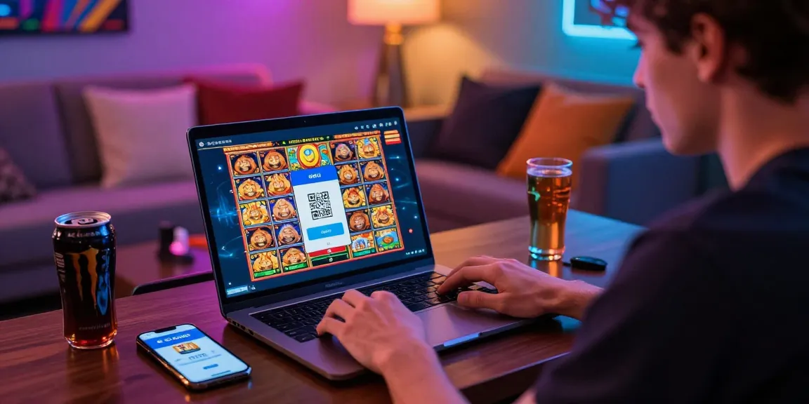 Engaging online gambling scene with slot deposit qris payment method at home gaming setup.