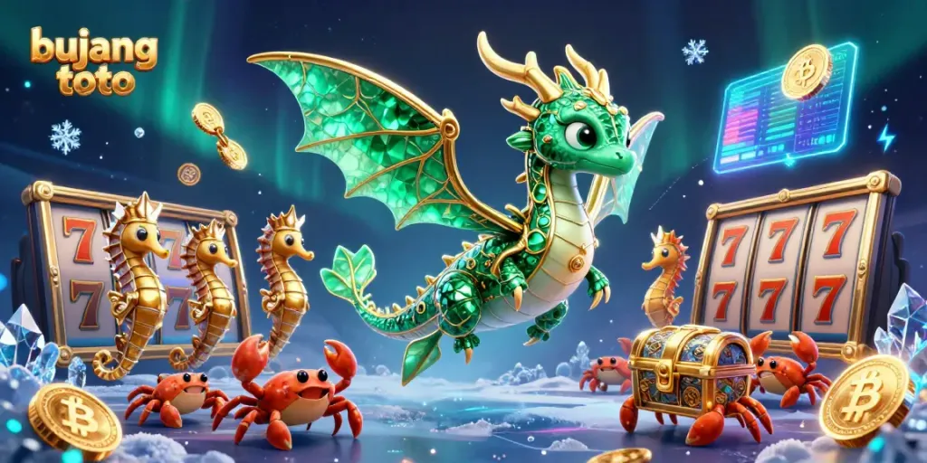 Engage with the enchanting world of bujang toto featuring a sea dragon and treasures amidst vibrant casino elements.