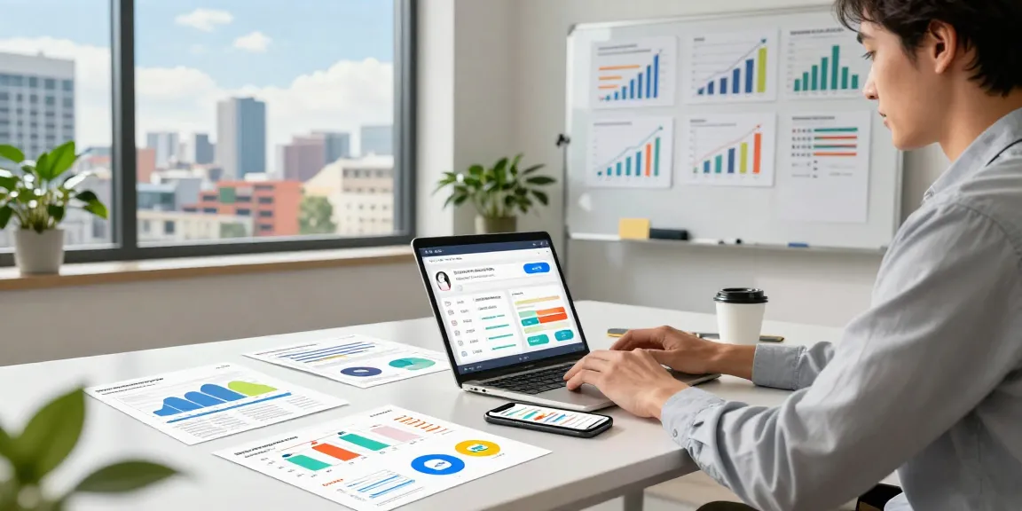 Purchase app installs strategy in a modern marketing workspace with analytics reports and smartphone.