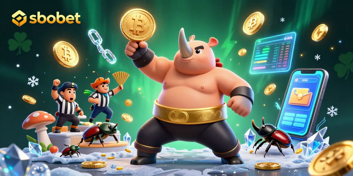 Experience sbobet excitement with a rhinoceros beetle champion stomping coins in a dynamic digital casino setting.