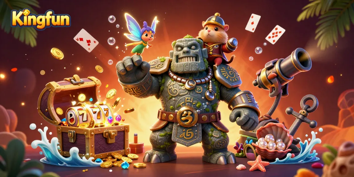 Experience thrilling wins with Kingfun amidst vibrant casino elements and magical characters.