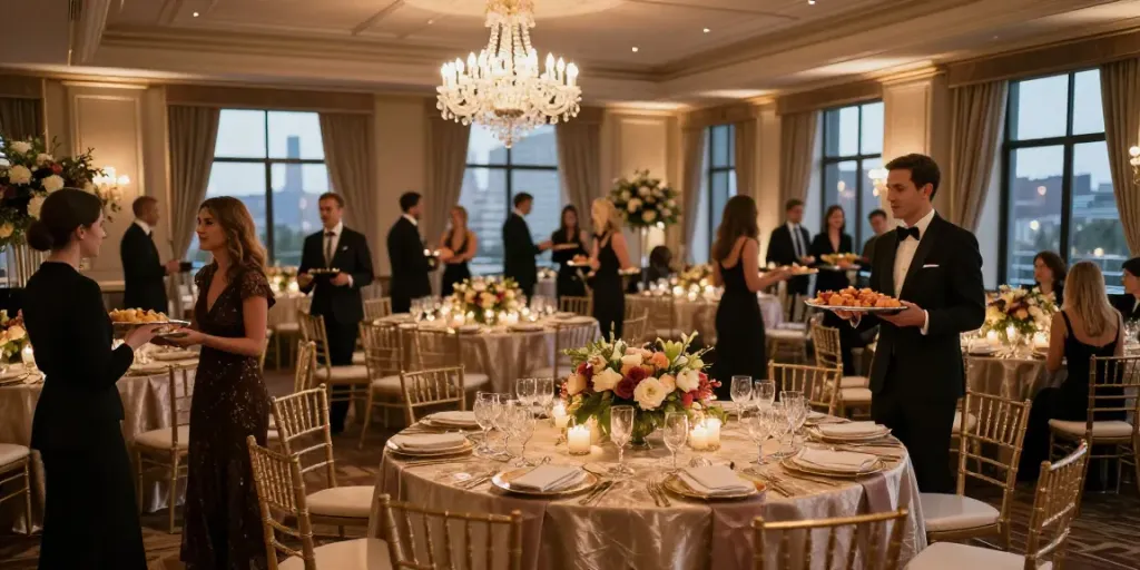 Event furniture rental showcased in a luxurious banquet setup with elegant tables, centerpieces, and warm ambiance.