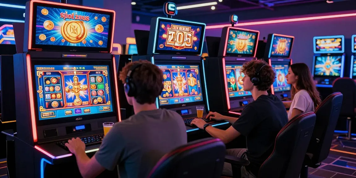 Exciting slot zeus gaming scene with players immersed in colorful online casino machines, showcasing vibrant graphics.