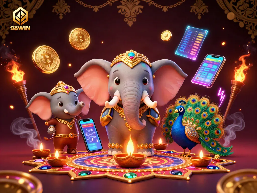 Experience thrilling wins at 98WIN as a colorful Diwali-themed scene illuminates the gaming excitement.