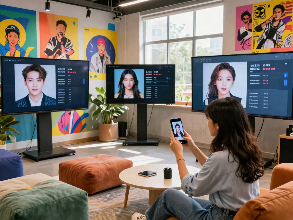 Young woman exploring a celebrities look alike app in a creative studio with vibrant decor