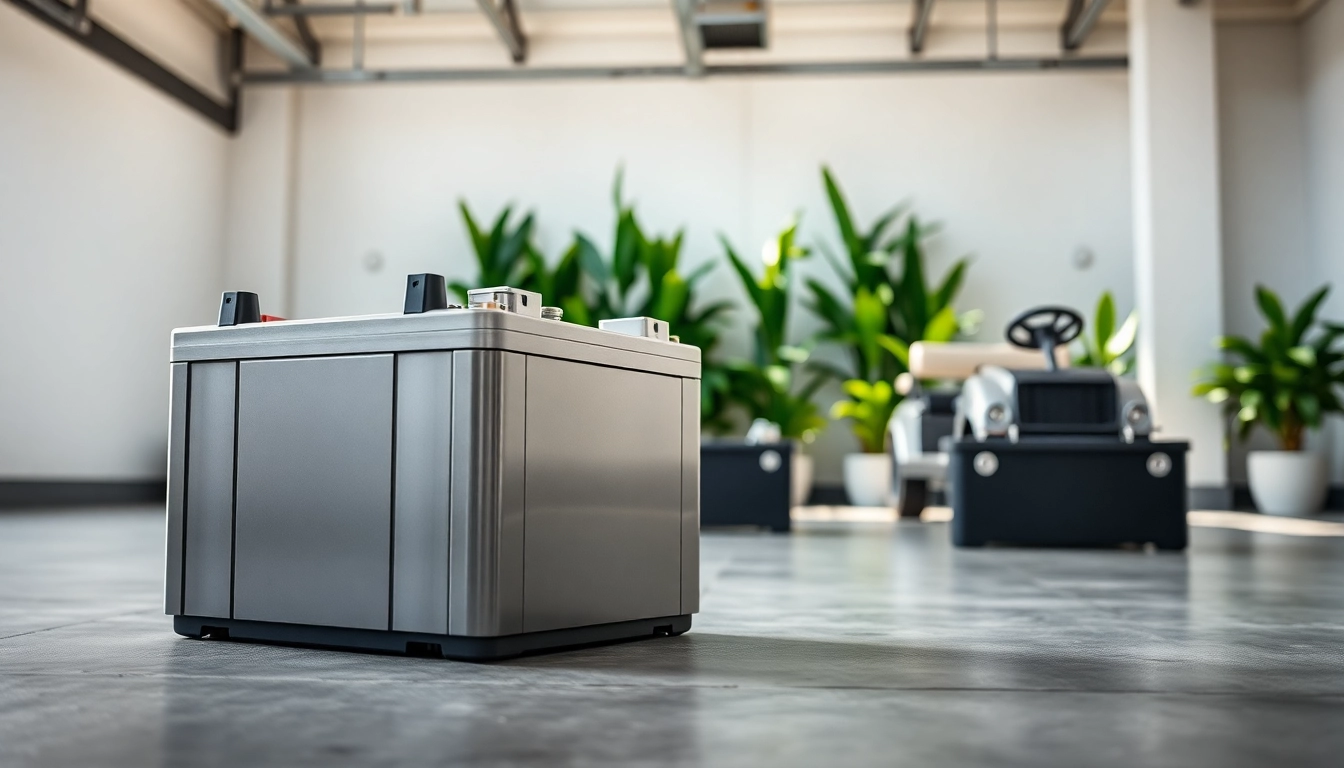 Showcase of lithium golf cart batteries in a modern garage environment, highlighting their sleek design and performance.