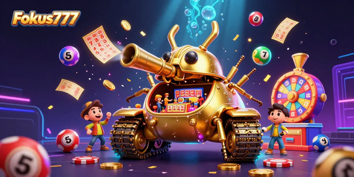 Experience thrilling gameplay at Fokus777 with colorful lottery elements and a mini casino scene.