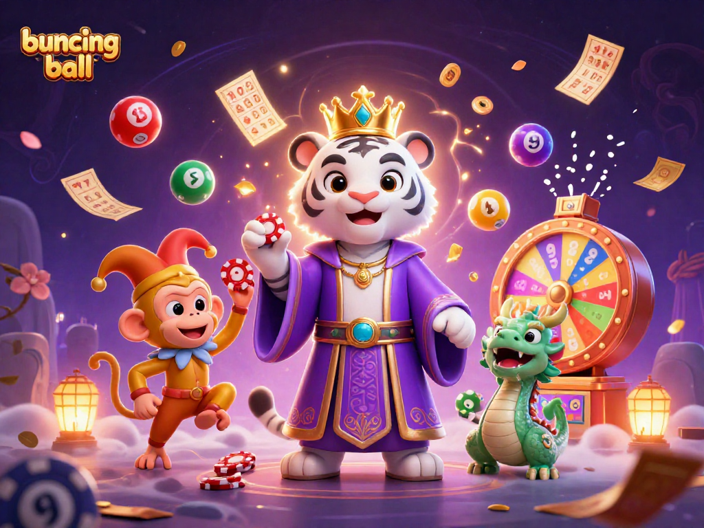 Bouncing ball scene with a royal tiger, monkey juggling chips, and casino elements surrounding them