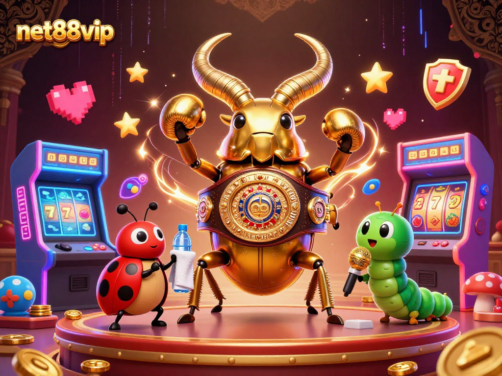 net88vip features a giant golden stag beetle in a boxing match with slot symbols surrounding them.