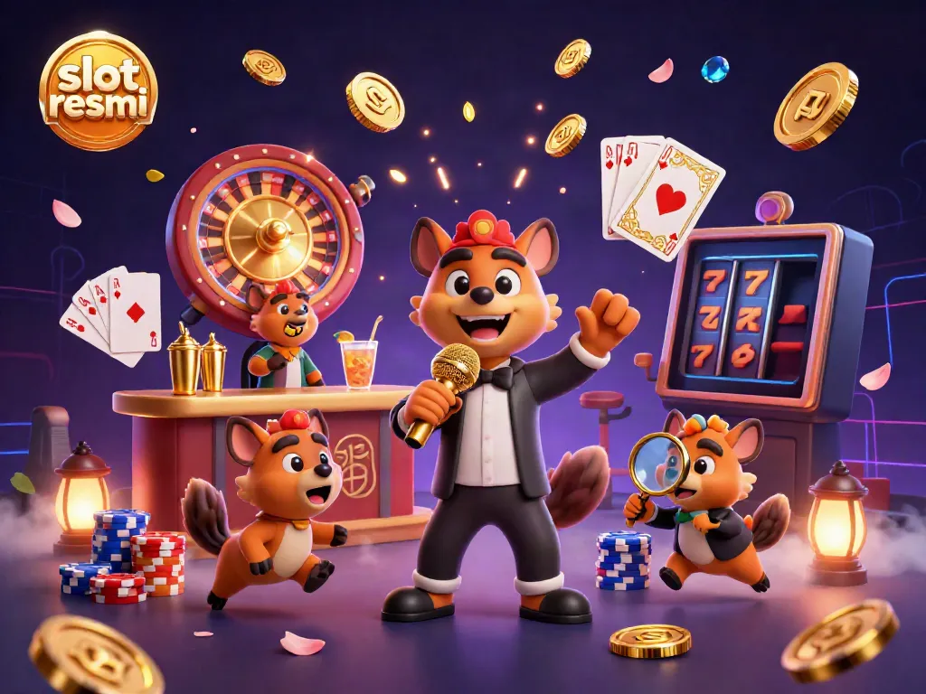 Hyenas performing in a vibrant casino themed club showcasing slot resmi with comedy and drinks.