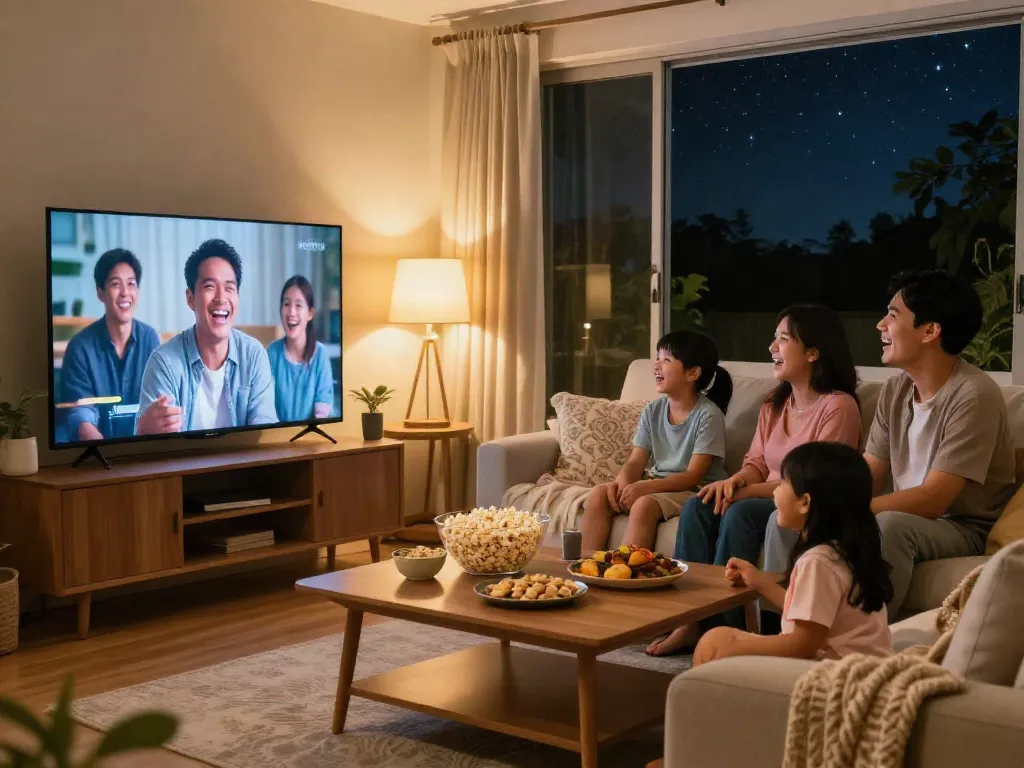 Family enjoying a movie night with kapamilyachannel.com on TV, snacks on table, warm atmosphere.