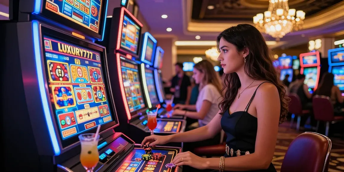 Pengunjung sedang bermain mesin slot LUXURY777 dengan suasana kasino yang meriah dan mewah.
