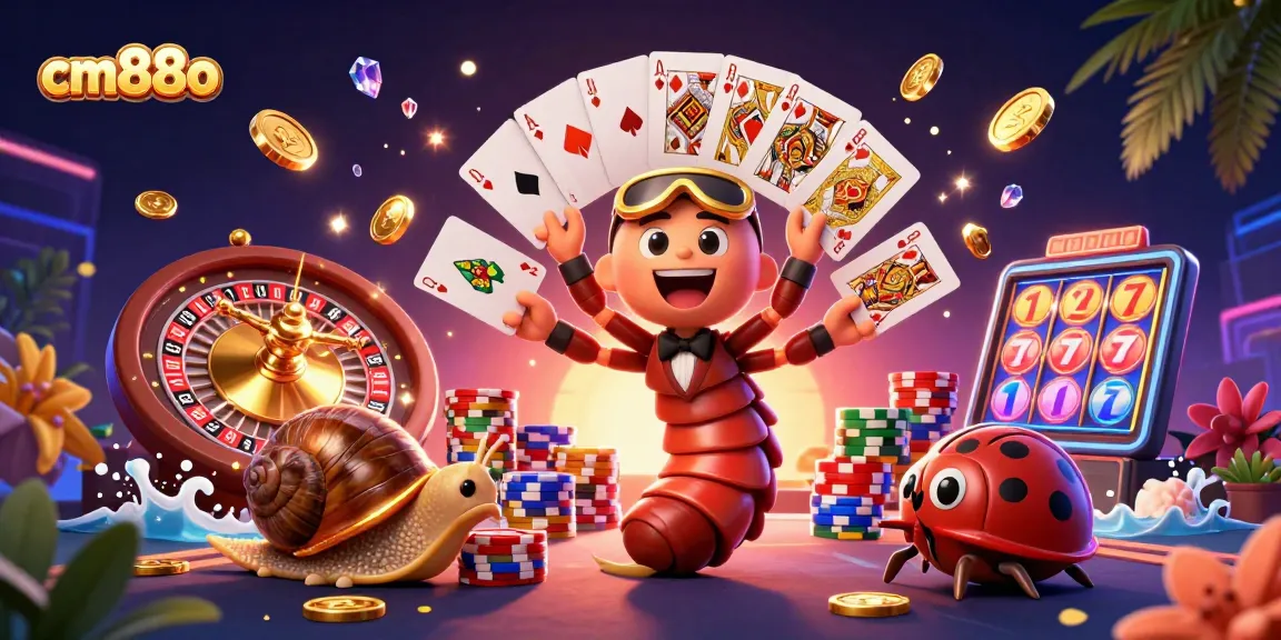 cm88o casino scene, high-energy millipede dealer surrounded by poker chips and playing cards